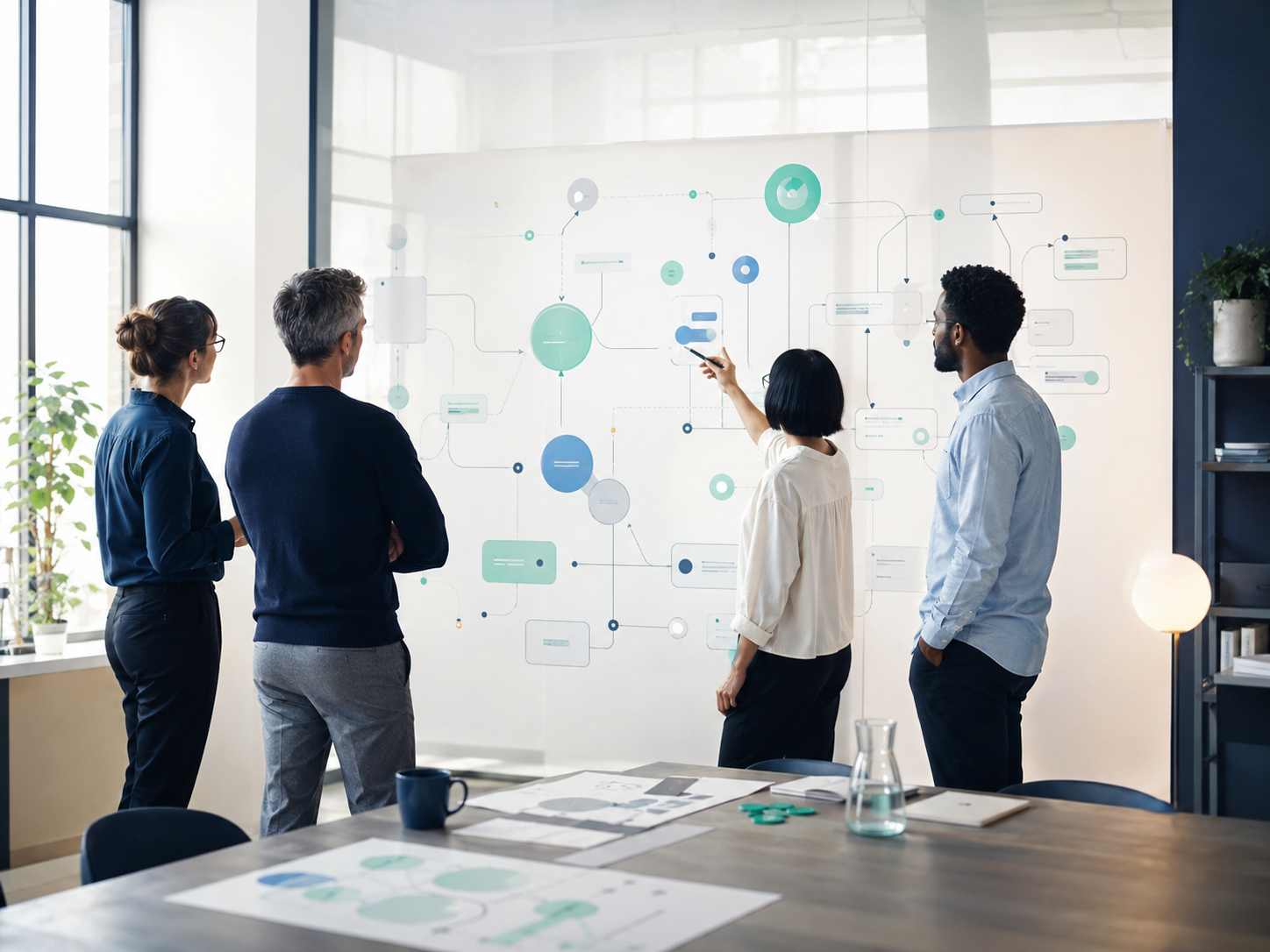 Un team di quattro professionisti osserva e annota, davanti a una parete vetrata, un diagramma di flusso che rappresenta regole ed eventi economici.