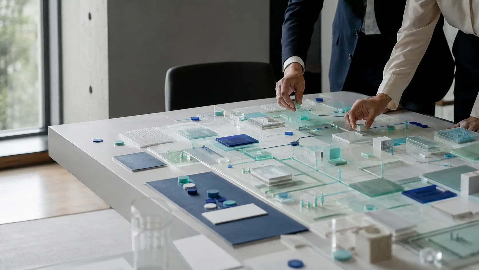 Professionisti organizzano componenti e relazioni di un sistema economico su un tavolo di progettazione trasparente.
