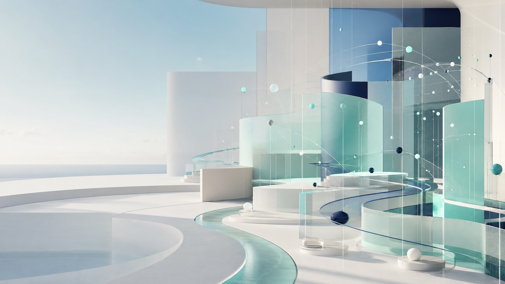 Composizione architettonica astratta panoramica in tonalità blu e mint, con superfici vetrate, passerelle curve e sfere sospese.