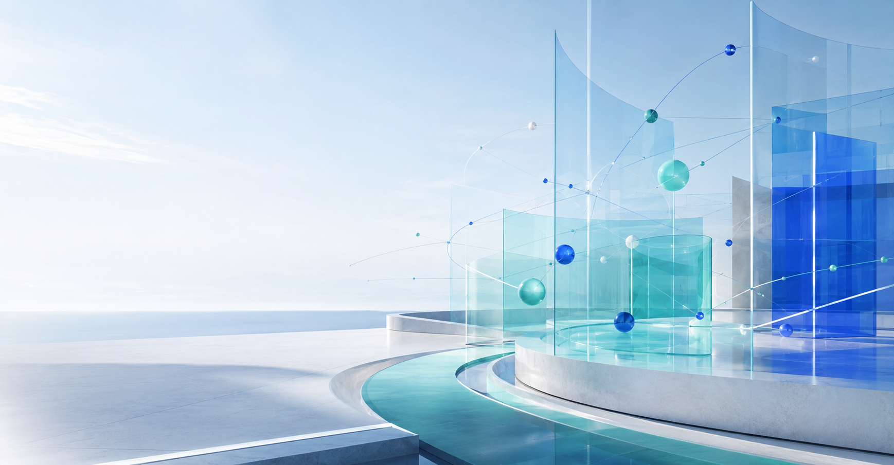 Composizione astratta che rappresenta un'infrastruttura economica programmabile, in tonalità blu.
